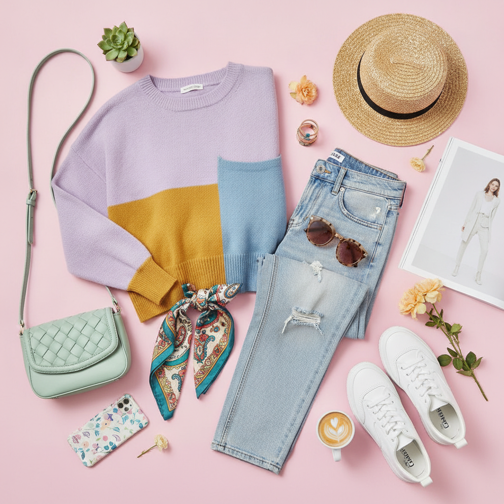 AI image generator for bloggers result — a colorful fashion blog featured image with a flat lay of trendy clothing and accessories