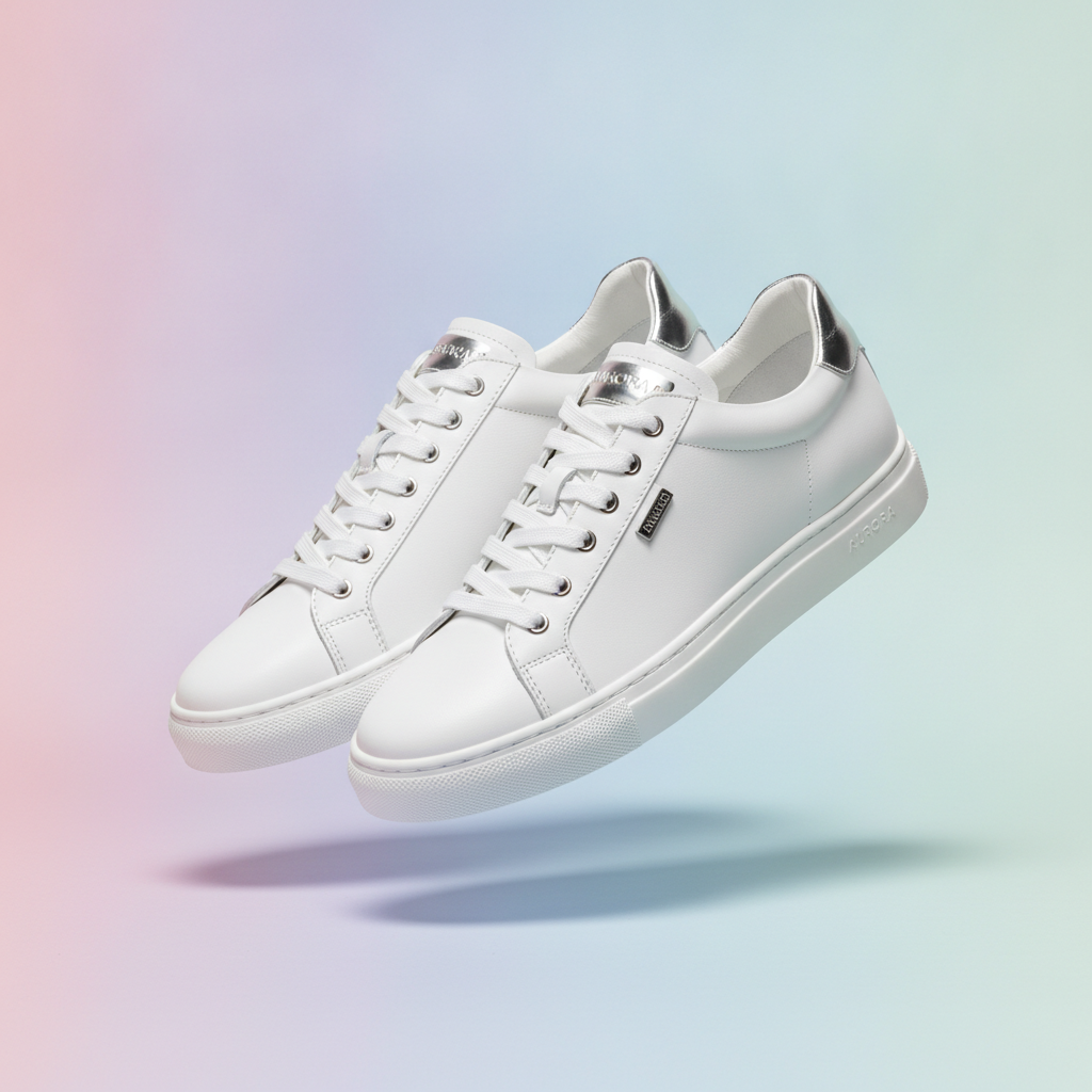 AI image generator for e-commerce result — premium white sneakers on a soft pastel gradient background as a marketing product visual