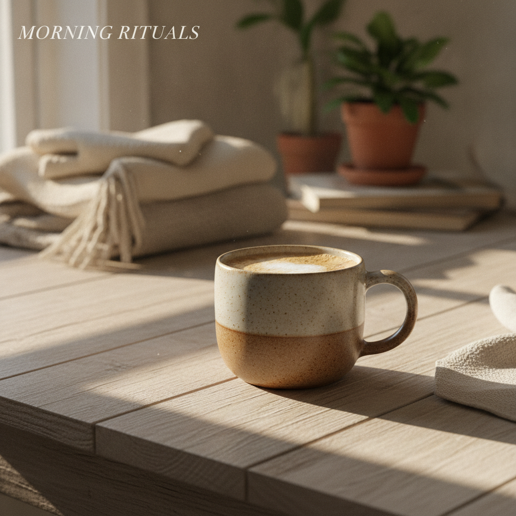 AI image generator for e-commerce result — a ceramic coffee mug on a wooden table in warm morning light as a lifestyle store hero image
