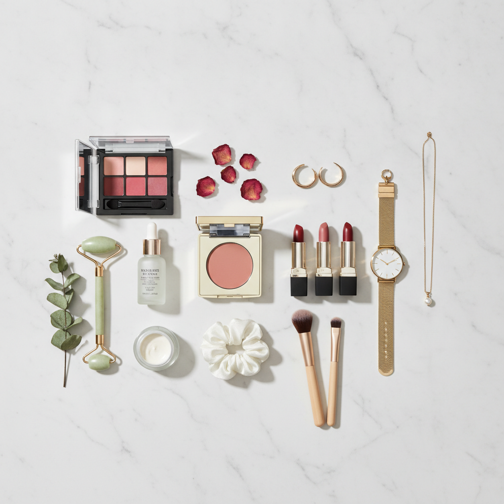 AI image generator for e-commerce result — cosmetics and accessories in a flat lay on marble for an Instagram shop visual