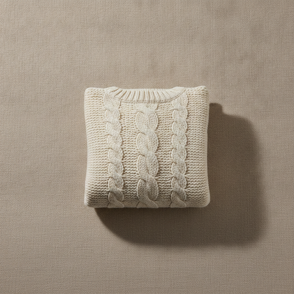 AI image generator for e-commerce result — a folded knit sweater on a minimalist beige background in catalog fashion style