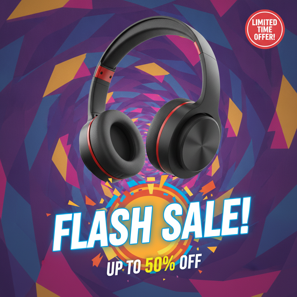 AI image generator for e-commerce result — a wireless headphone set on a bold colorful background as a promotional sale banner
