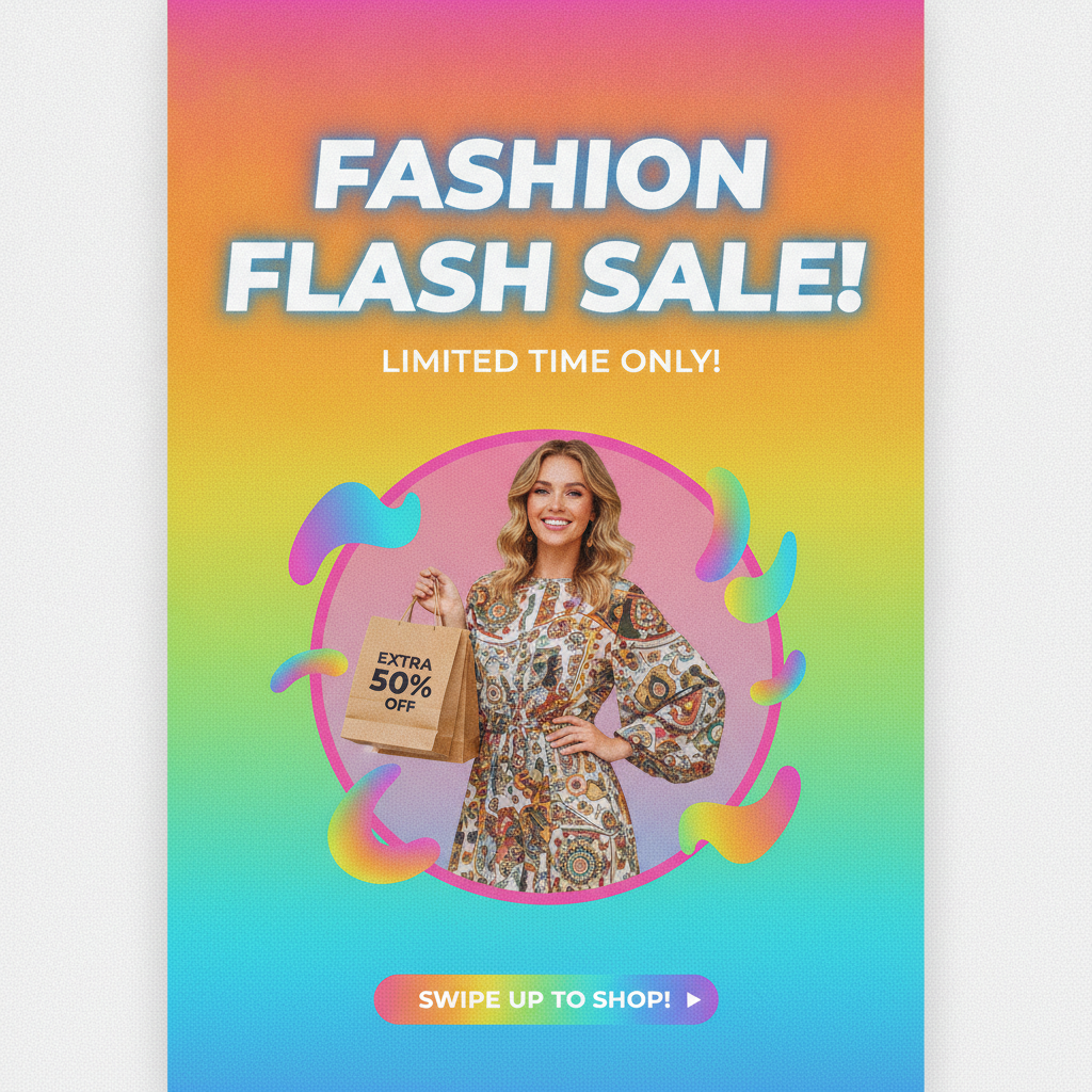 AI image generator for social media result — an eye-catching Instagram story template for a fashion sale with a bold headline and bright gradient