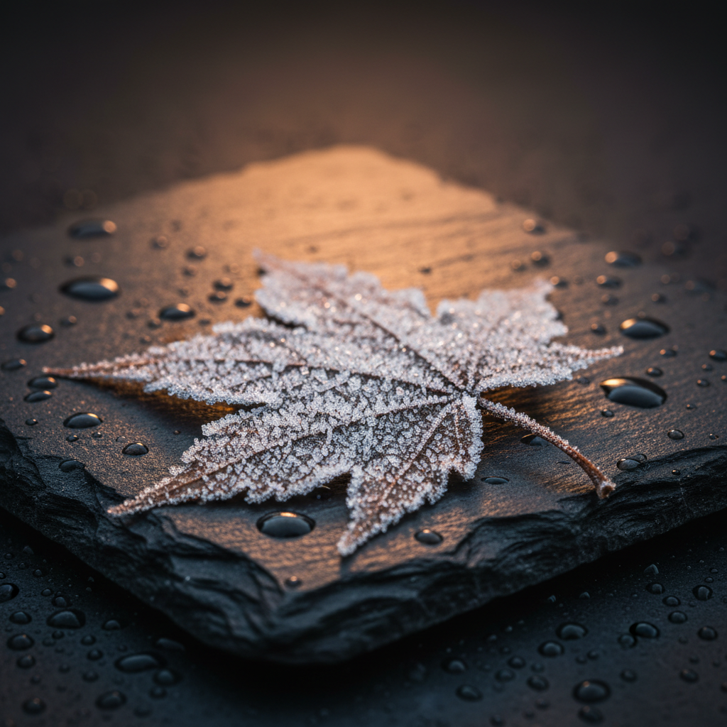 Extreme macro of a frost-covered maple leaf on wet black slate, every ice crystal razor sharp, backlit in warm amber — the fine detail a 4K AI image generator resolves