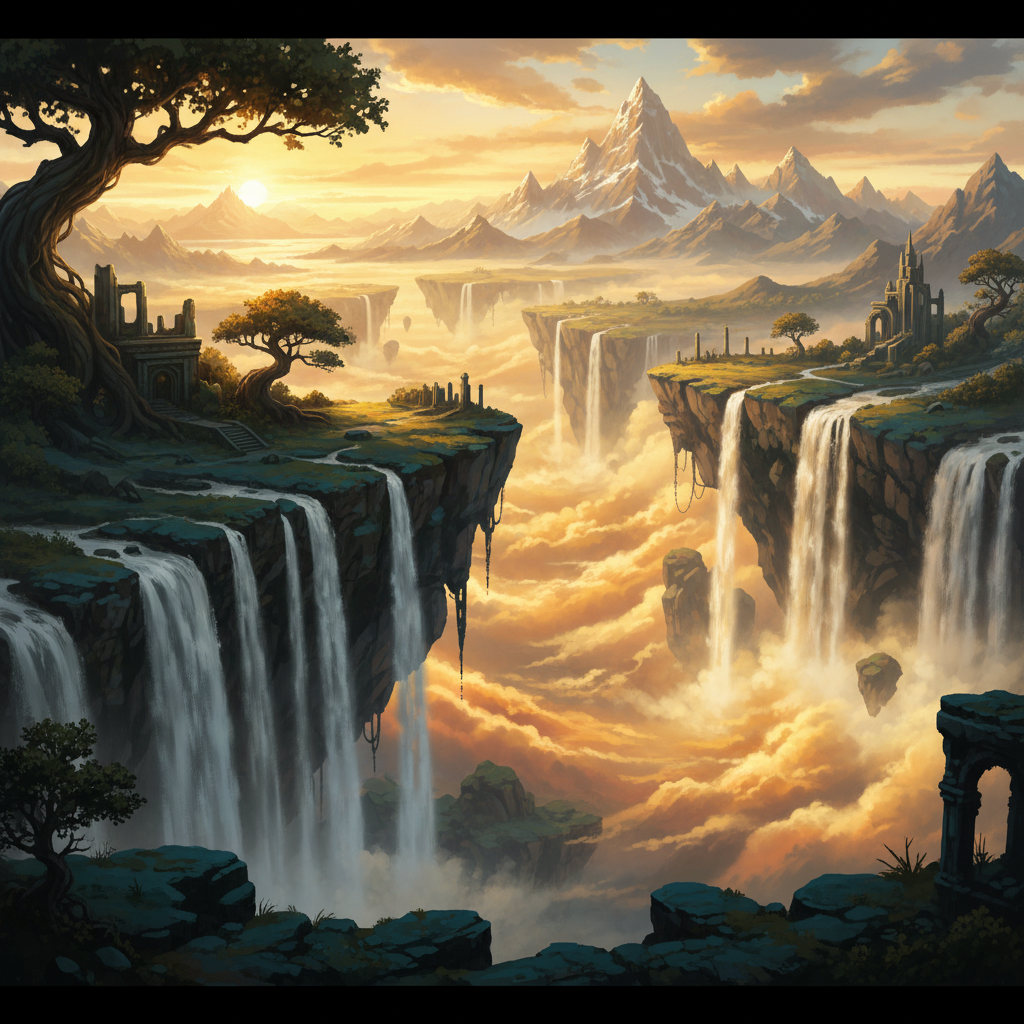 Fantasy concept art of a floating stone archipelago above a sea of golden cloud with waterfalls spilling into amber mist, generated by an AI image generator