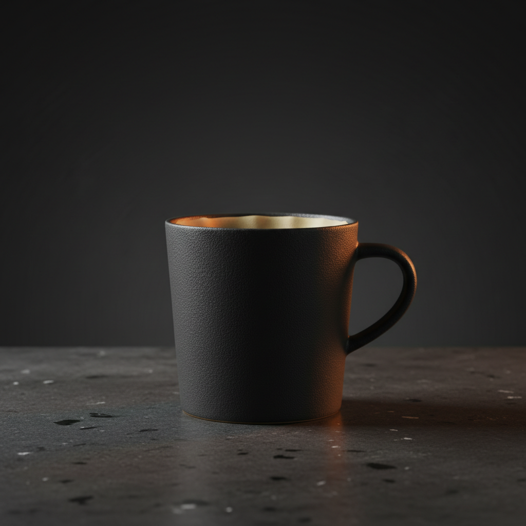 Studio product photograph of an unbranded matte black ceramic coffee mug on dark speckled stone with soft amber rim lighting, the kind of commercial shot an AI image generator produces