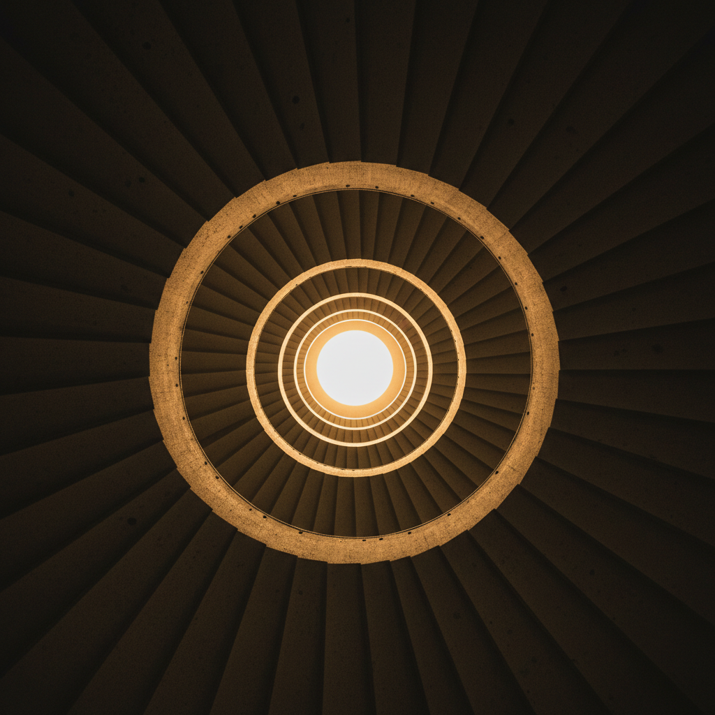 Low angle architectural photograph of a spiral concrete staircase with warm amber light pouring through a circular skylight, strong geometric symmetry