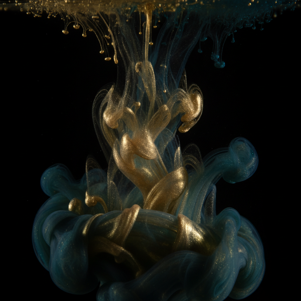Abstract ribbons of liquid gold and deep teal ink swirling in clear water against black, crisp edges and delicate feathering tendrils, ultra detailed macro