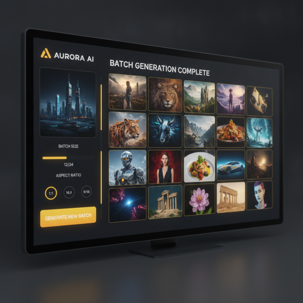 Modern dedicated AI image generator interface on a dark UI showing a grid of photorealistic generated images with sharp text rendering, batch generation, and aspect ratio controls with golden yellow accents