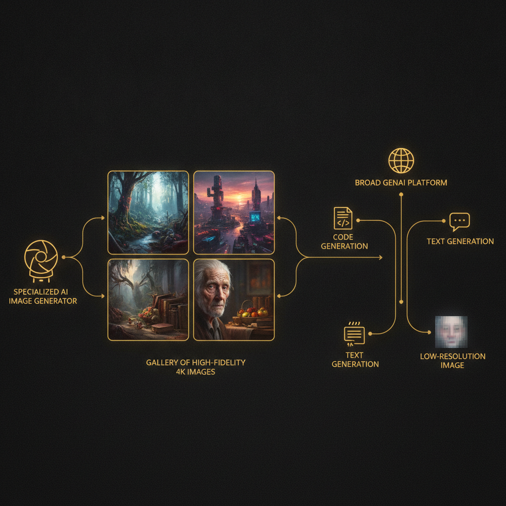 Conceptual diagram comparing a specialized AI image generator path that leads to a gallery of high-fidelity 4K images versus a broad GenAI platform path that branches into text, code, and a low-resolution image