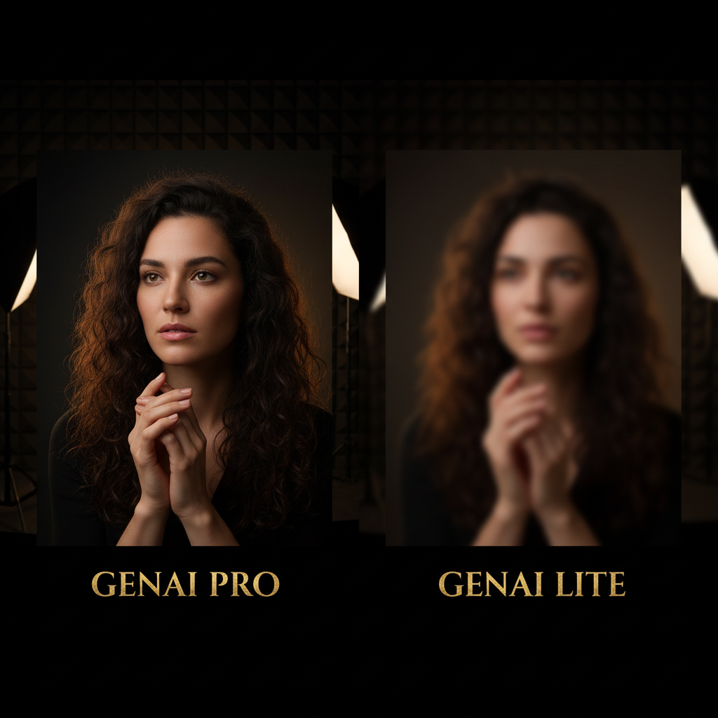 Side-by-side image quality comparison showing a detailed 4K AI generated portrait with accurate hands and crisp typography from a dedicated AI image generator versus a softer less detailed image from a general GenAI tool