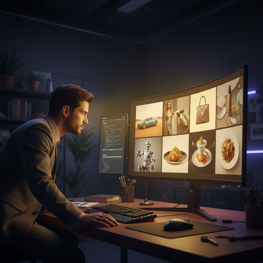 Designer at a desk using a dedicated AI image generator on a large monitor filled with vibrant high-resolution generated marketing graphics and product photos with a warm yellow glow