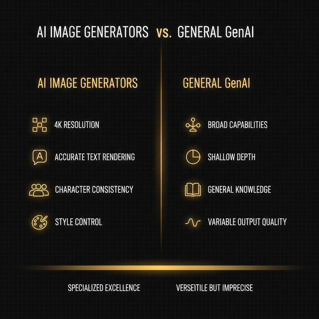 Clean comparison infographic showing AI image generator strengths — 4K resolution, accurate text rendering, character consistency, style control — versus general GenAI broad-but-shallow capabilities
