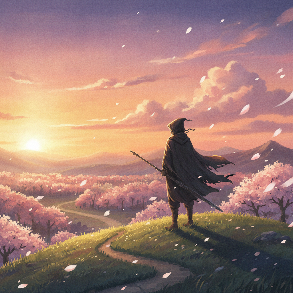 Anime-style illustration of a cloaked traveller on a hilltop among cherry blossom, the stylized territory where SeaArt AI is strongest