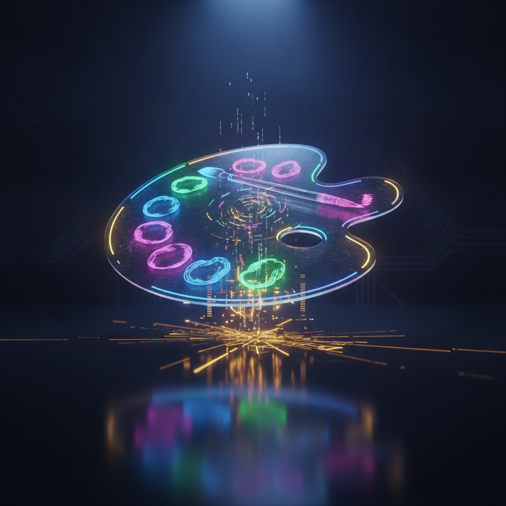 Glowing holographic art palette floating above a dark reflective surface with amber neon accents, a product-style render from this AI image generator