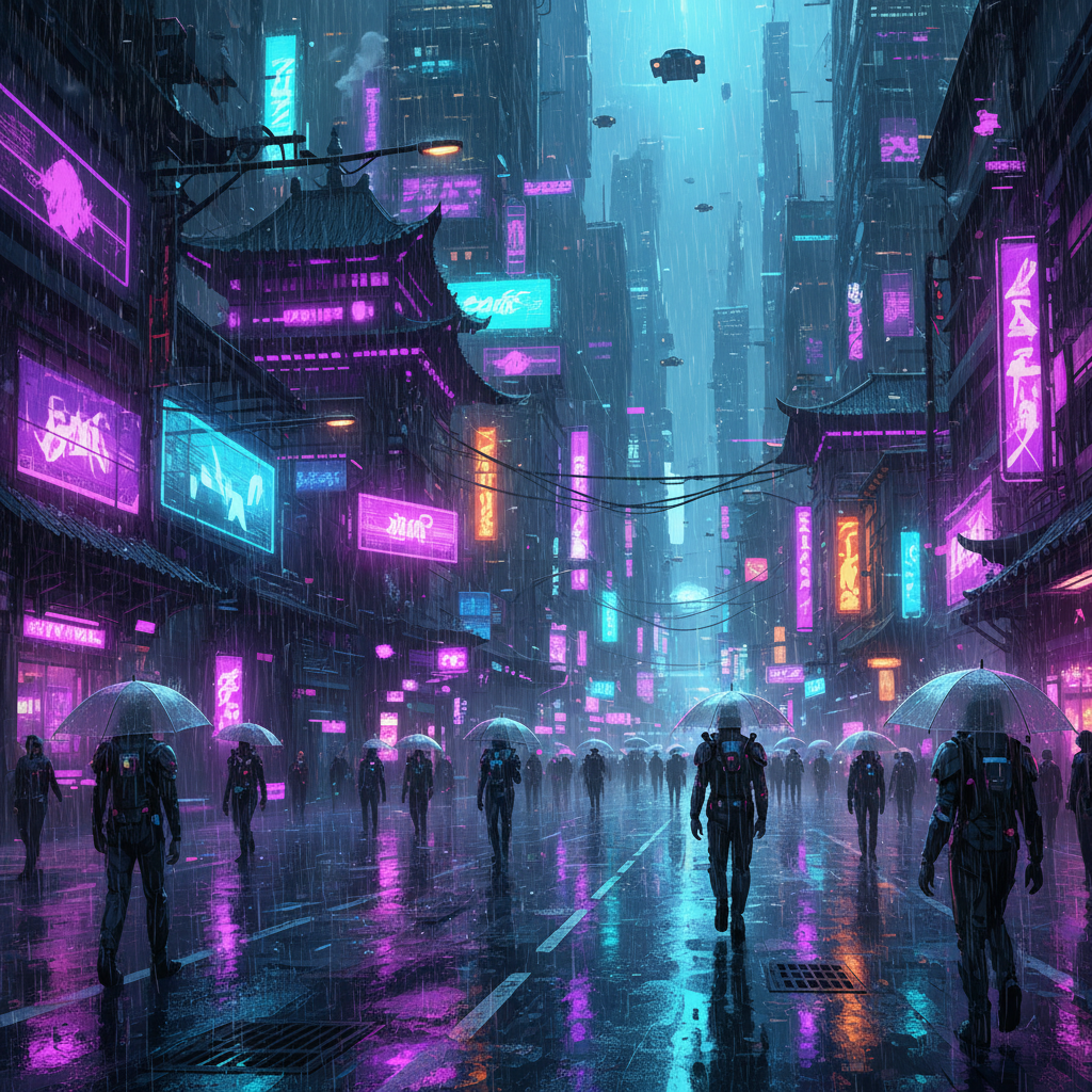 Cyberpunk city street at night in stylized digital painting with rain-slicked neon reflections in purple and cyan