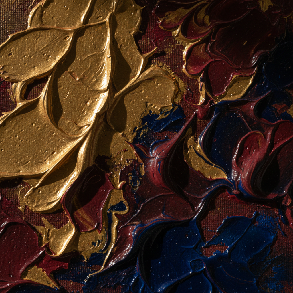 Macro view of thick oil paint swirls in gold, crimson and deep blue on canvas with dramatic side lighting