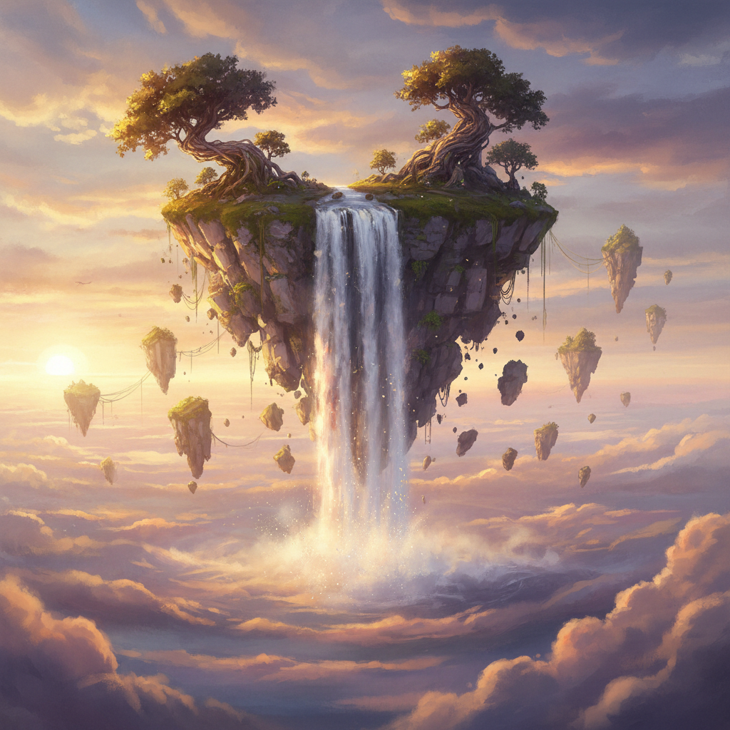 AI vs software comparison — a surreal floating stone island with a waterfall pouring into open sky under warm cinematic light