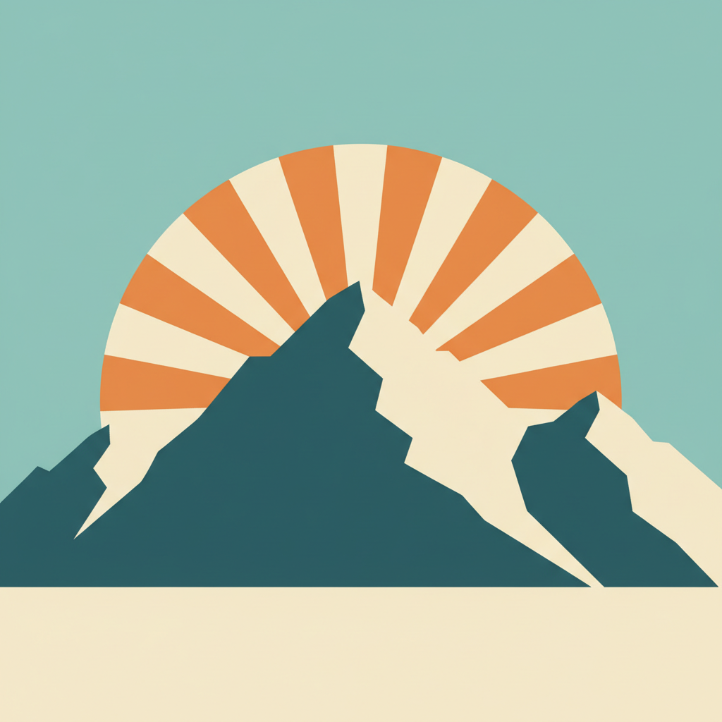 Art tools comparison — flat vector poster illustration of stylised mountains and a rising sun in a retro teal, orange and cream palette