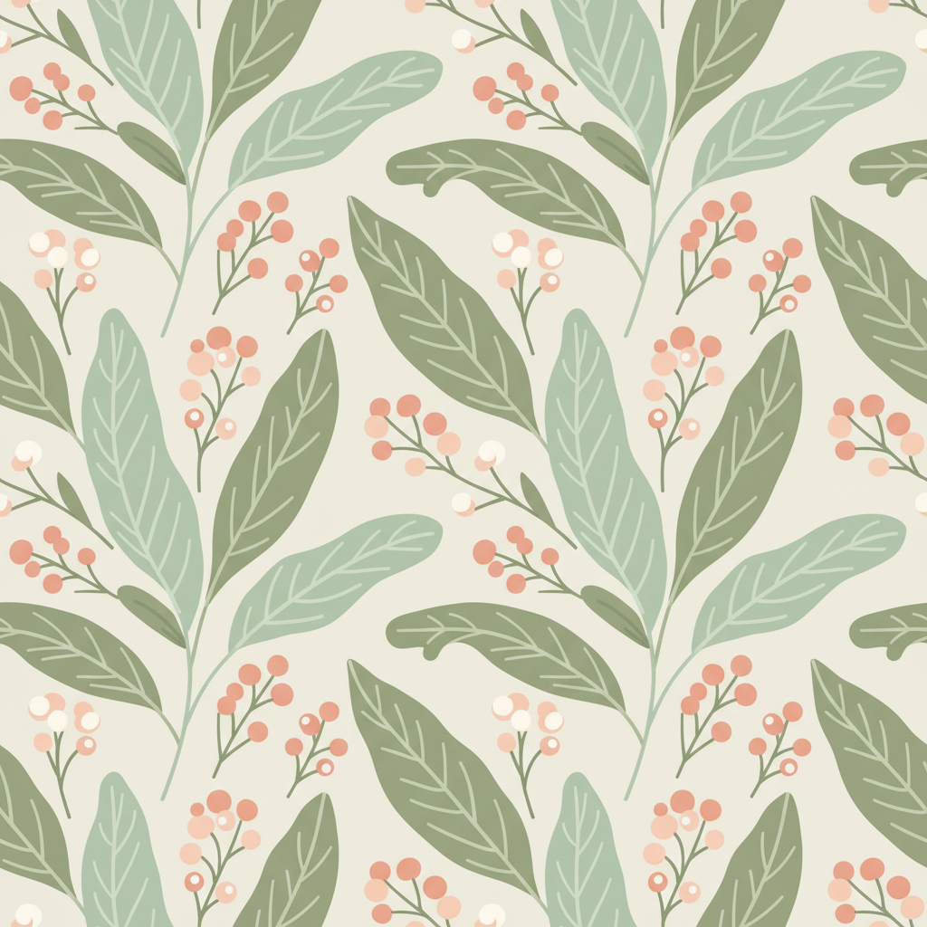 Photoshop alternatives example — a seamless repeating botanical pattern of leaves and small flowers in a soft sage and blush palette