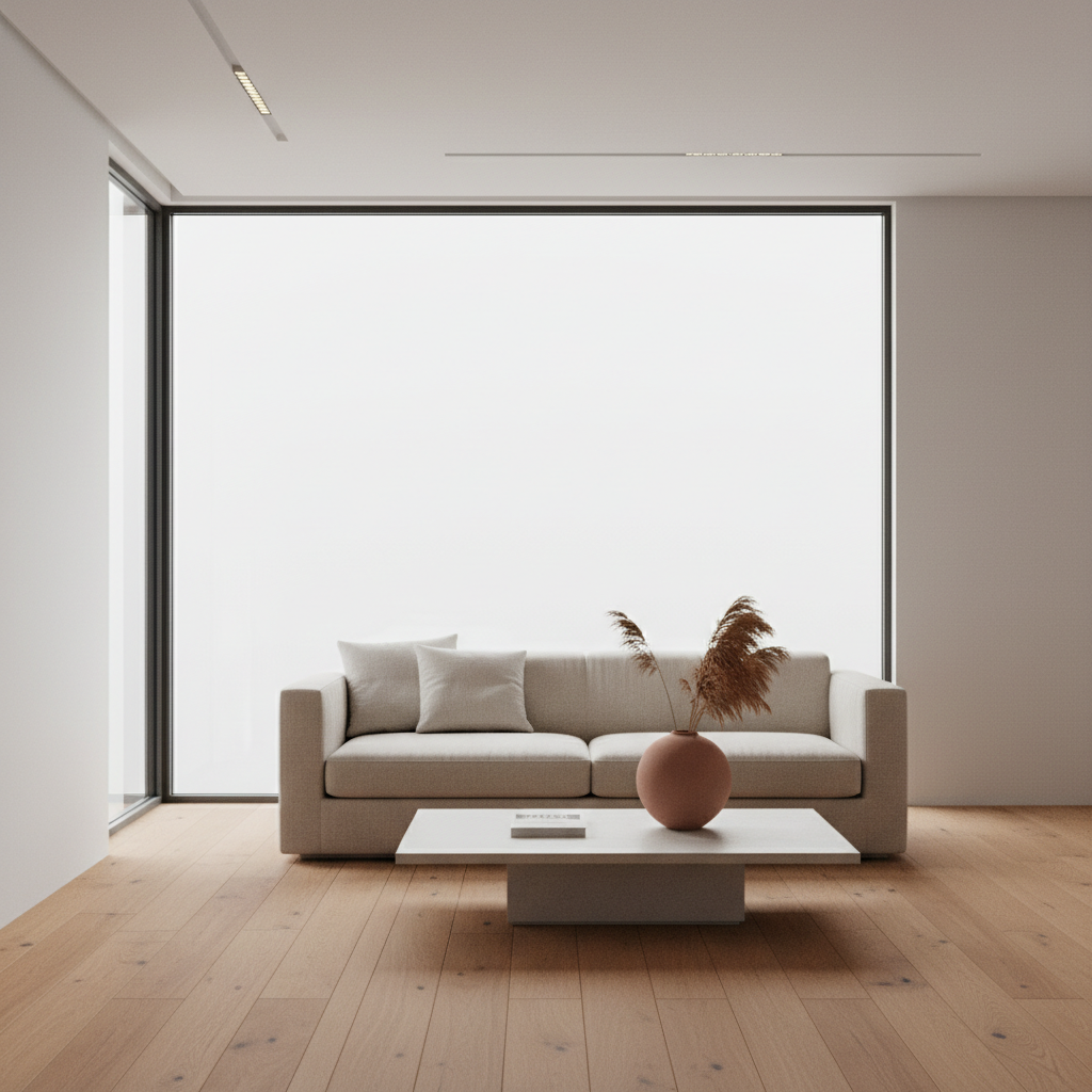 Image editing comparison — a minimalist living room interior with daylight through a large window, oak floor and linen sofa, rendered as architectural visualisation
