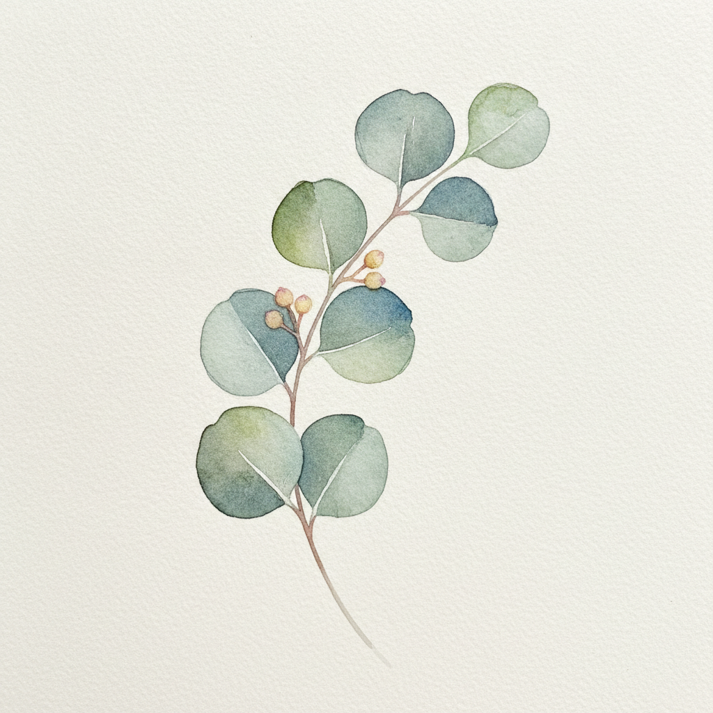 AI image generator example — a delicate watercolour botanical illustration of a eucalyptus sprig on cream paper with visible pigment texture