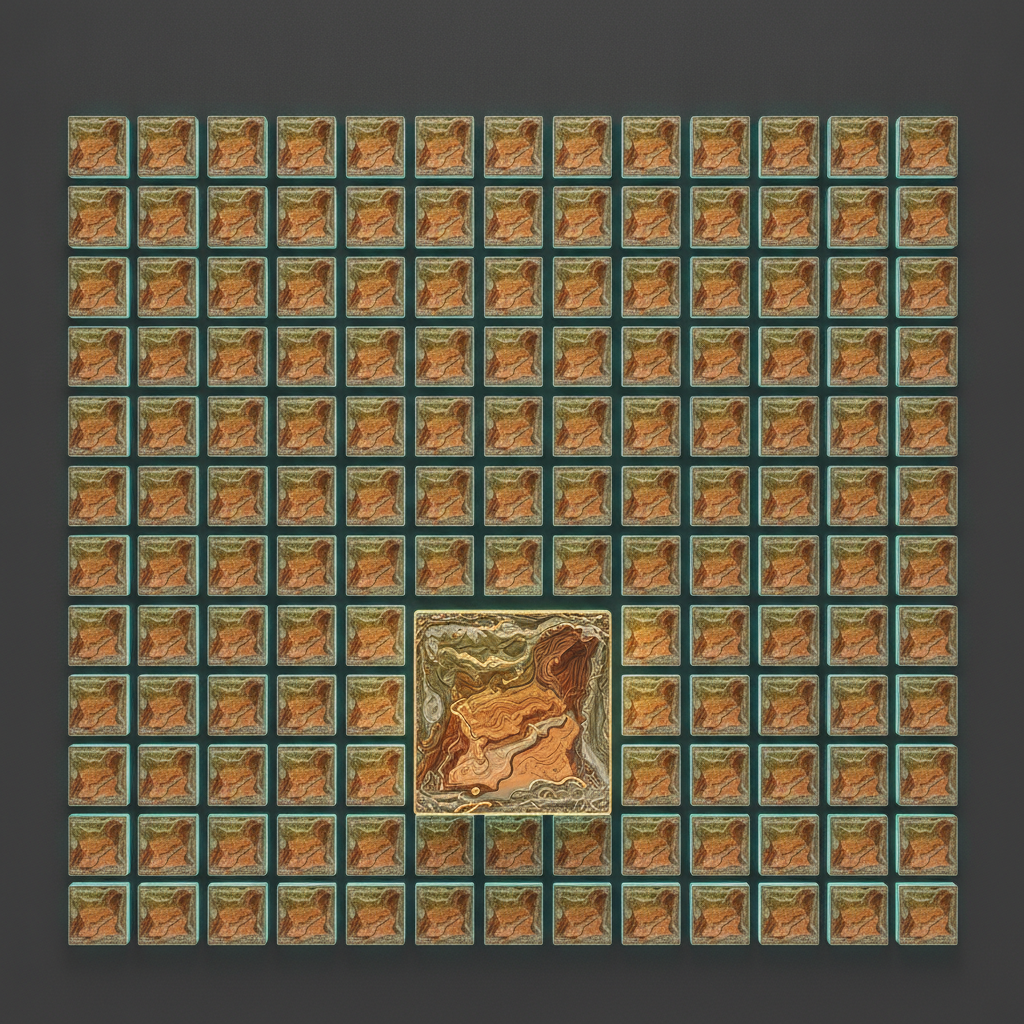 A dense grid of small amber and teal textured tiles on dark charcoal with one larger gold-framed tile at the centre, showing how many frames sit inside a few seconds of generated video