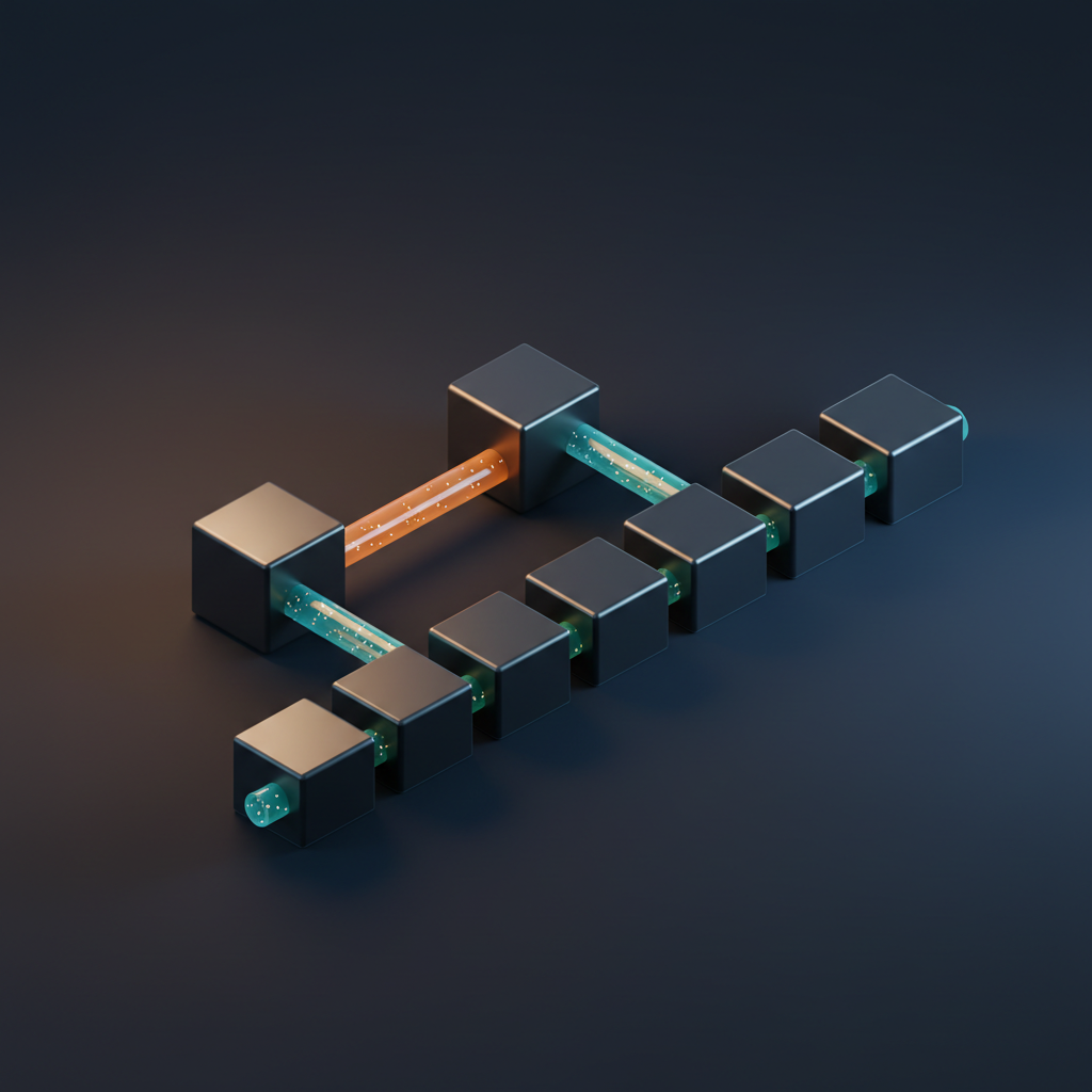 Isometric diagram on deep navy of two pipelines built from dark metallic cubes: a short upper path of two blocks joined by a glowing amber conduit, and a longer lower path of seven blocks linked by teal conduits