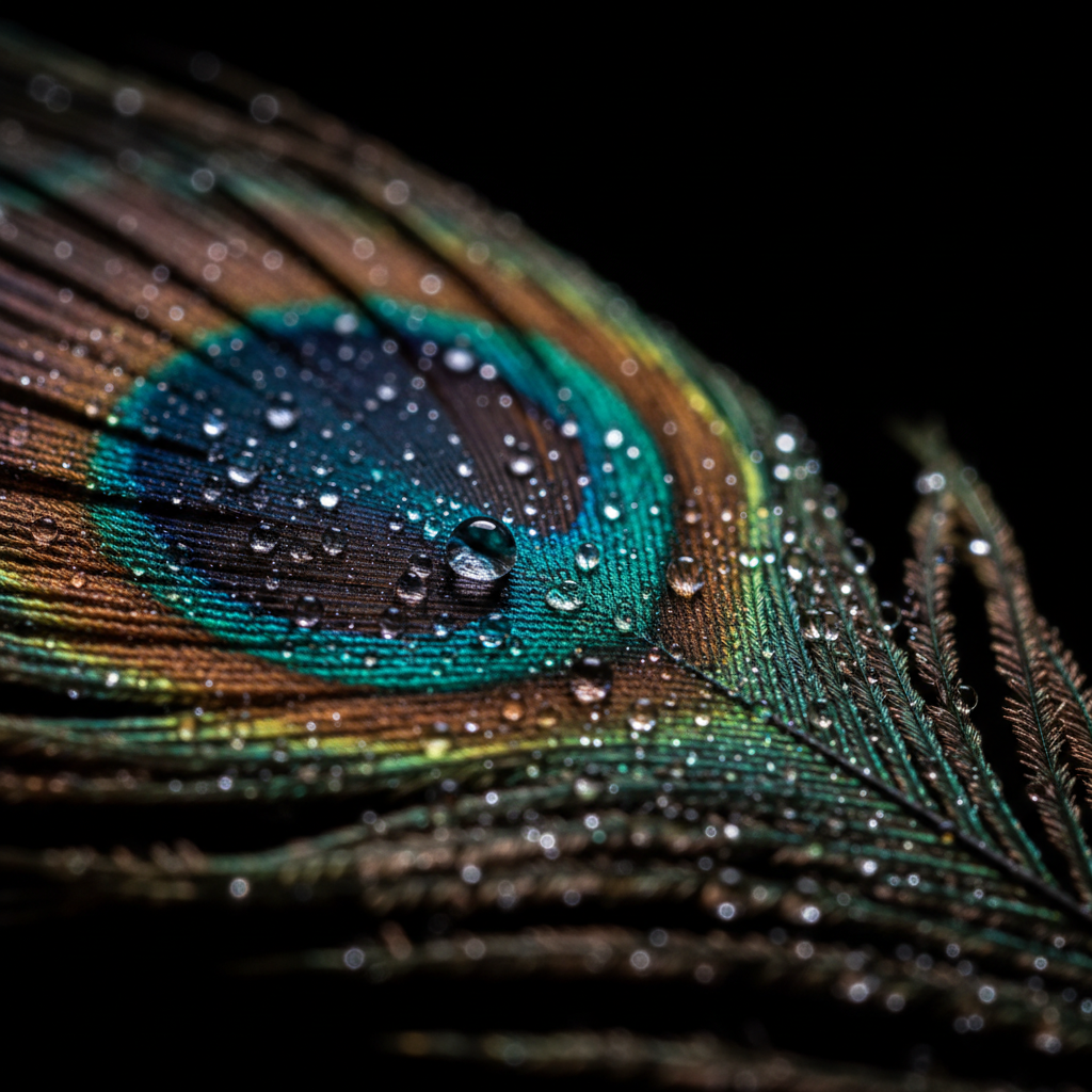 Extreme macro of an iridescent peacock feather barb beaded with water droplets under dark studio lighting, the kind of per-pixel detail a still pipeline resolves and a video encode discards