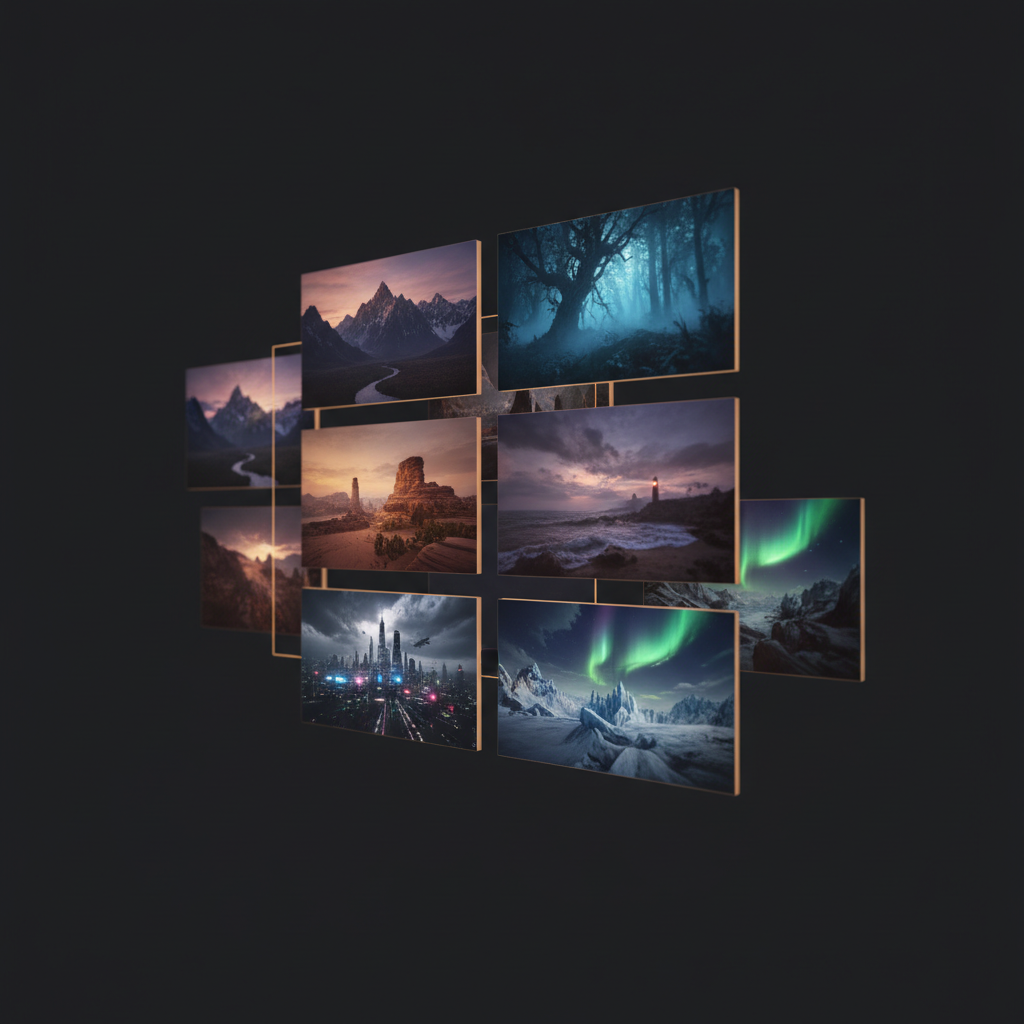 A cluster of overlapping widescreen panels with thin gold edges floating in a dark void, each holding a different dusk landscape — mountains, a lighthouse, a neon city, an aurora — like still frames approved before anything moves