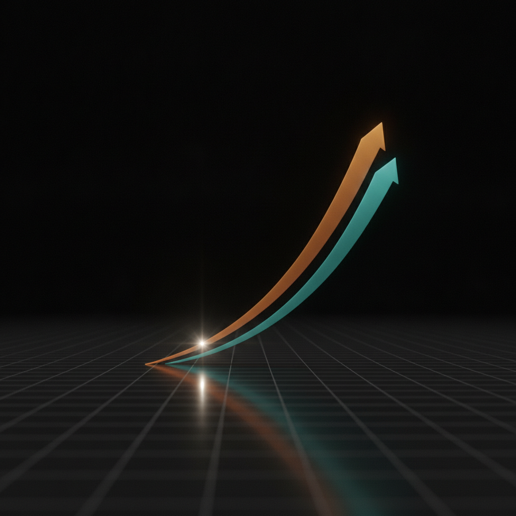 Two glossy ribbon arrows, one amber and one teal, curving steeply upward from a single bright flare over a dark perspective grid, standing in for the cost curves of video and still generation