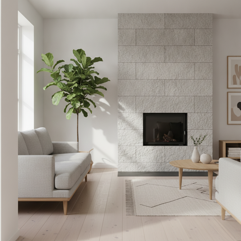 AI generative fill example — a Scandinavian living room with a stone fireplace and large plant added under matching window light
