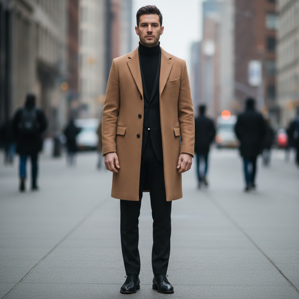 AI inpainting example — a street style photo with a black jacket replaced by a tailored camel overcoat matching the original pose and light