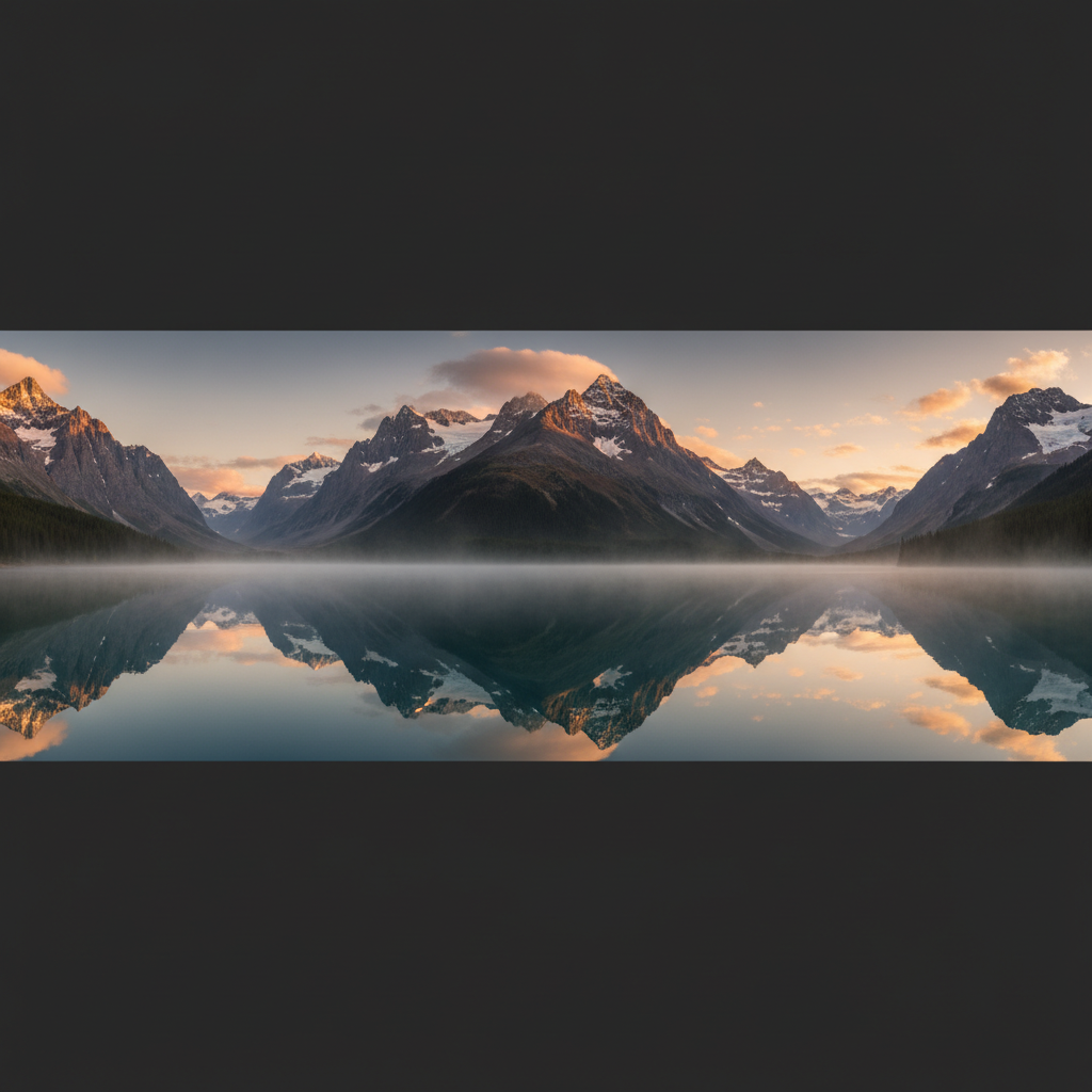 AI outpainting example — a mountain lake photo extended left and right into a seamless panoramic vista