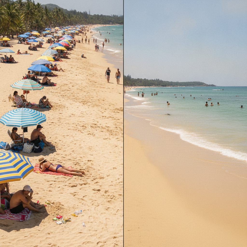 AI image inpainting example — before and after of a crowded beach with tourists and umbrellas removed and clean sand rebuilt behind them