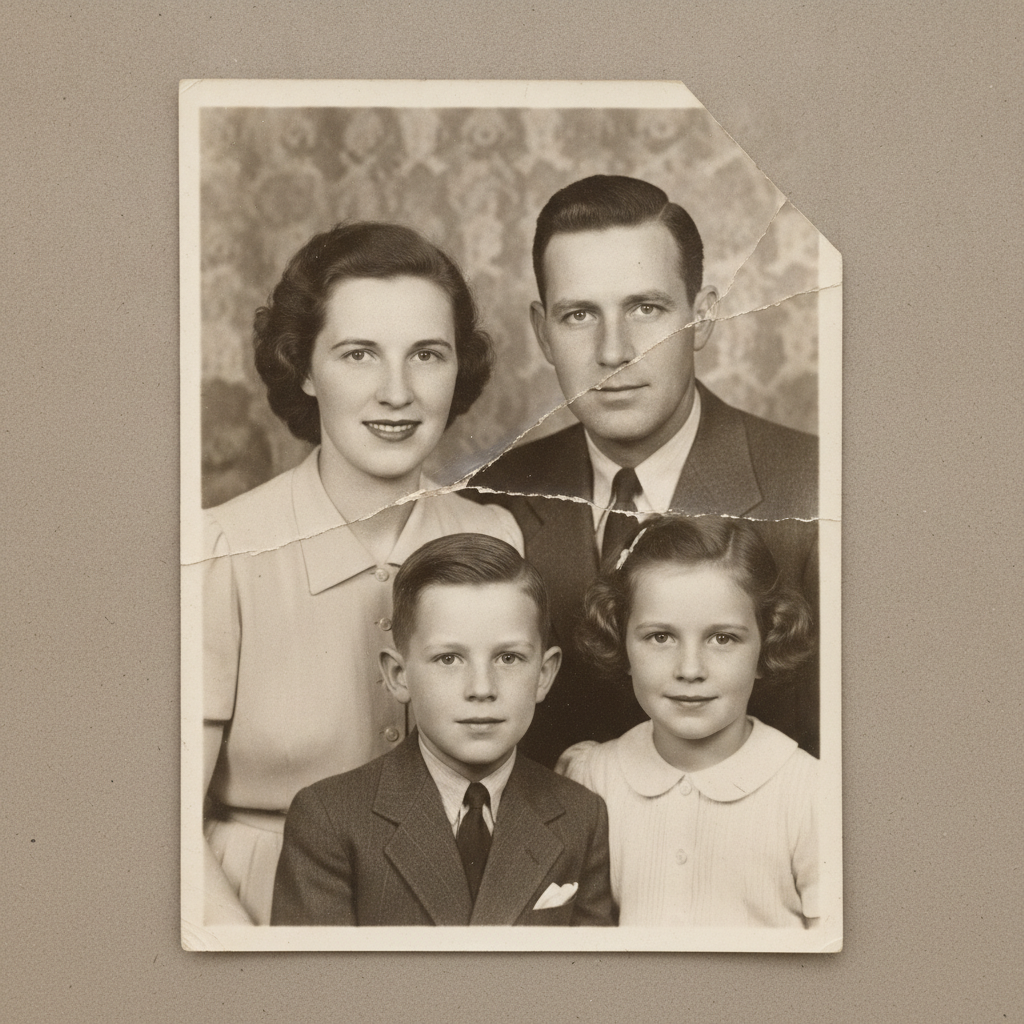 AI inpainting example — a torn 1940s black and white family portrait with the missing corner reconstructed and creases repaired