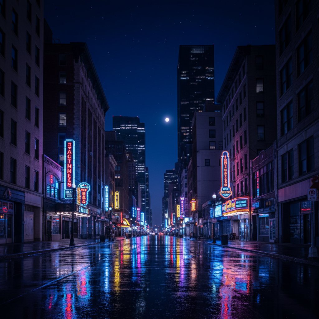 AI image noise reduction showcase of a perfectly clean and sharp night cityscape after AI denoising, vibrant neon signs reflected on wet pavement, crystal-clear sky with no grain, deep blacks with no chroma noise, ultra-sharp building details, professional 4K photography finish ready for editorial publication