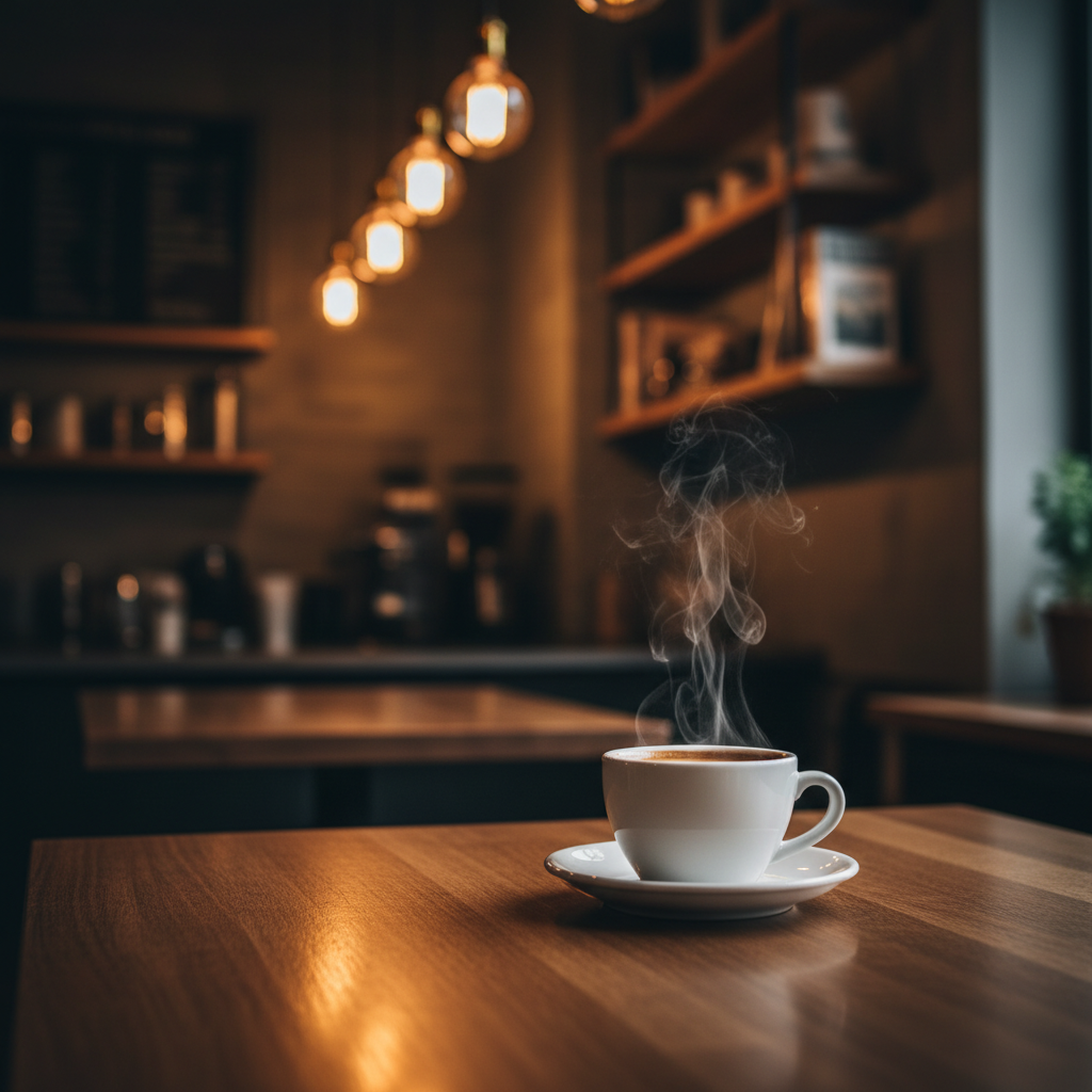 AI image noise reduction showcase of an ultra-clean low-light coffee shop interior after AI denoising, warm Edison bulb lighting with crystal-clear glow, perfectly smooth wooden table surface with zero luminance noise, sharp focus on a steaming espresso cup, professional 4K interior photo cleanup AI finish