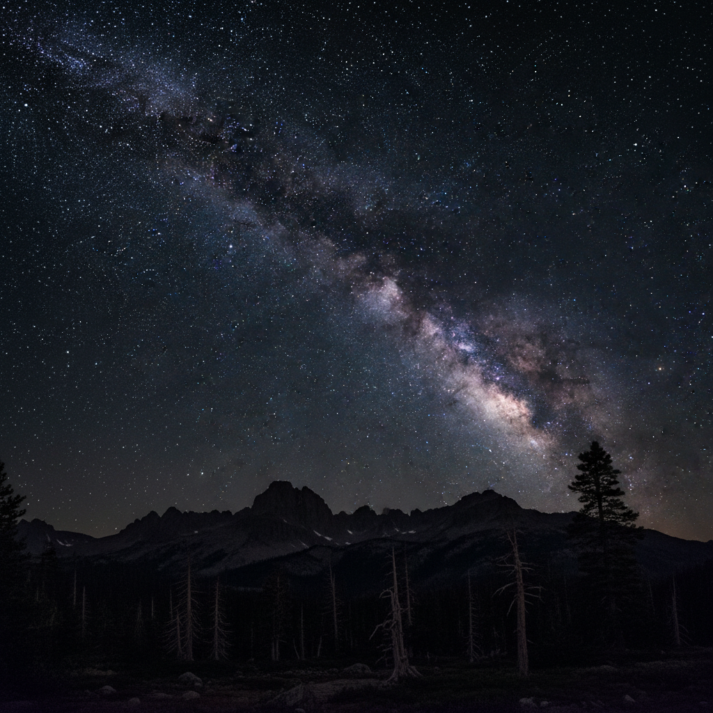 AI image noise reduction showcase of an astrophotography Milky Way night sky after AI noise reduction, thousands of crisp stars with no chromatic noise, deep clean black sky, sharp silhouetted mountain ridge, professional astrophotography 4K noise-free images AI finish ready for gallery print
