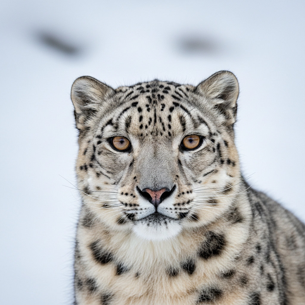 AI image noise reduction showcase of a high-ISO wildlife photograph of a snow leopard after AI denoising, ultra-sharp fur detail with no luminance grain, perfectly clean snowy background with no color noise, crystal-clear amber eyes with sharp catchlights, professional 4K wildlife AI photo enhancement finish