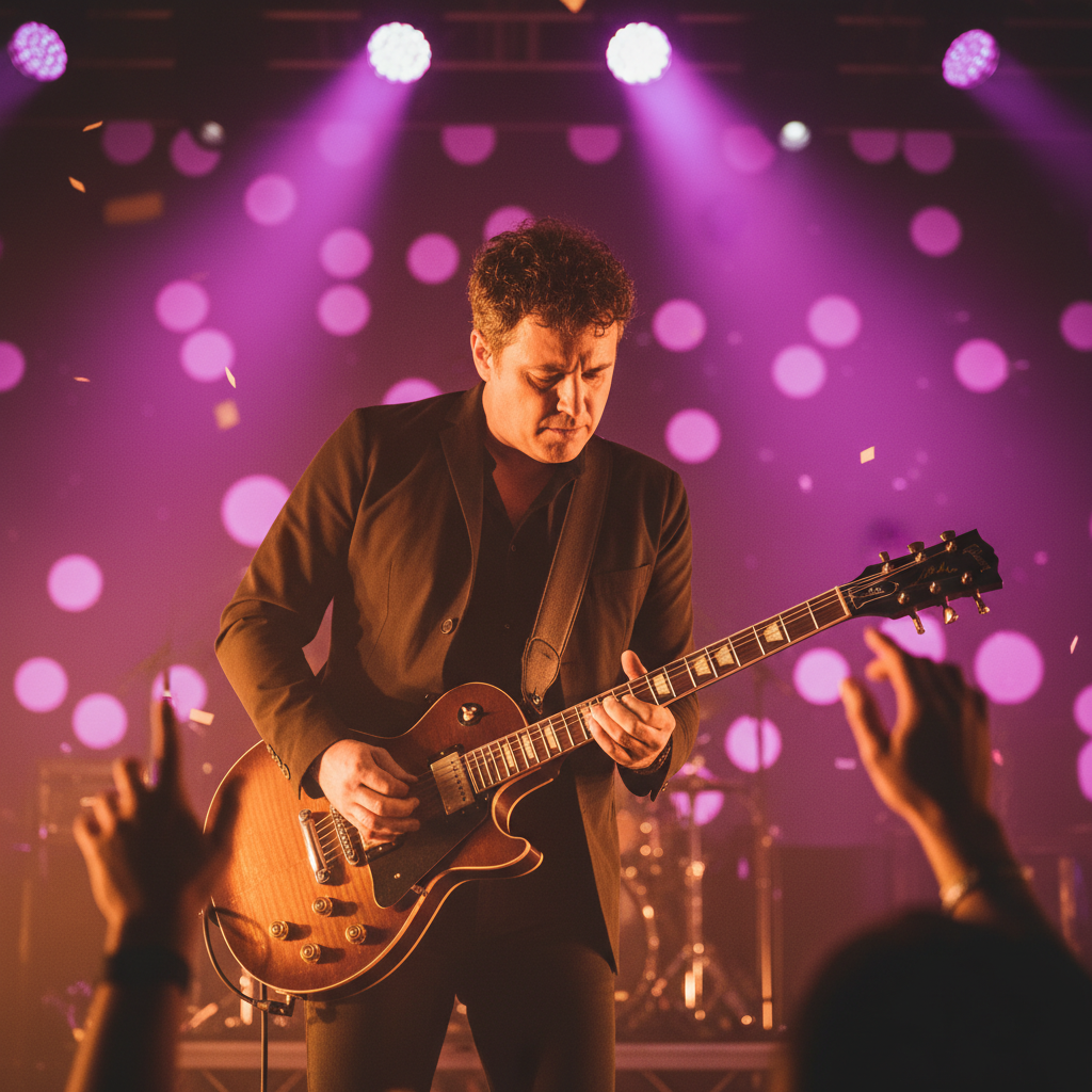 AI image noise reduction showcase of an ultra-clean concert photograph of a stage after AI noise reduction, sharp guitar with no high-ISO grain, smooth purple bokeh stage lights with zero chroma noise, dramatic warm color grading, professional 4K music photography photo cleanup AI finish ready for tour album cover