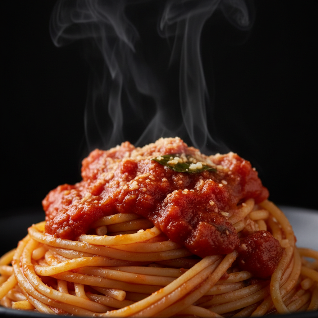 AI image noise reduction showcase of a crisp food photography close-up after AI denoising, ultra-sharp pasta with steam, perfectly clean dark moody background with no noise, vibrant glossy sauce details, professional 4K culinary noise-free images AI finish ready for restaurant menu hero