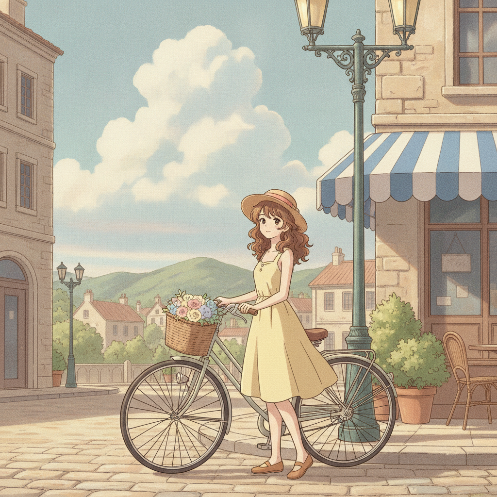 AI image style transfer example — the same photo redrawn as a soft cel-shaded anime illustration with clean line art and pastel colour grading
