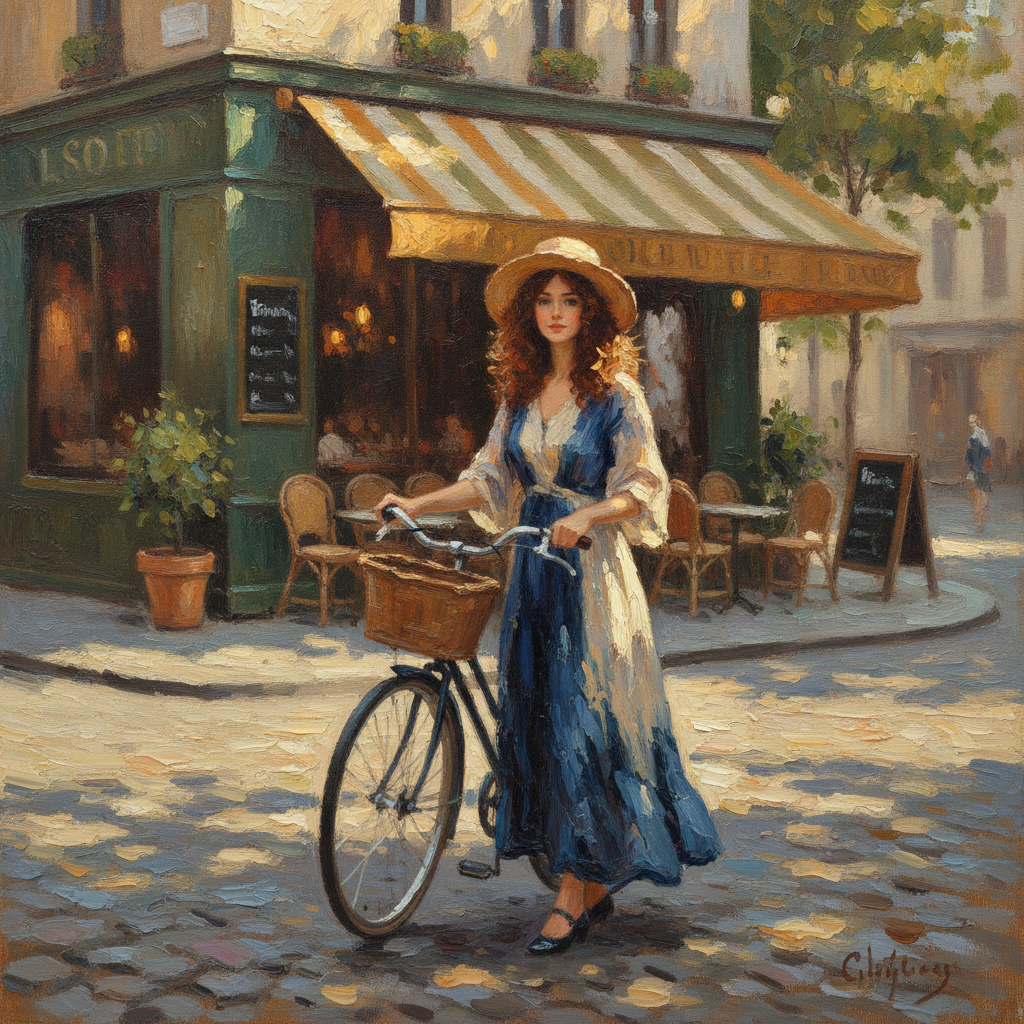 AI image style transfer example — a street photo of a woman with a bicycle repainted as an impressionist oil painting with thick impasto brushstrokes