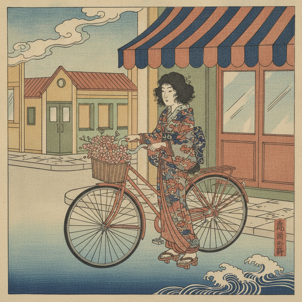 AI image style transfer example — the same photo as a Japanese ukiyo-e woodblock print with flat indigo and vermilion colour planes