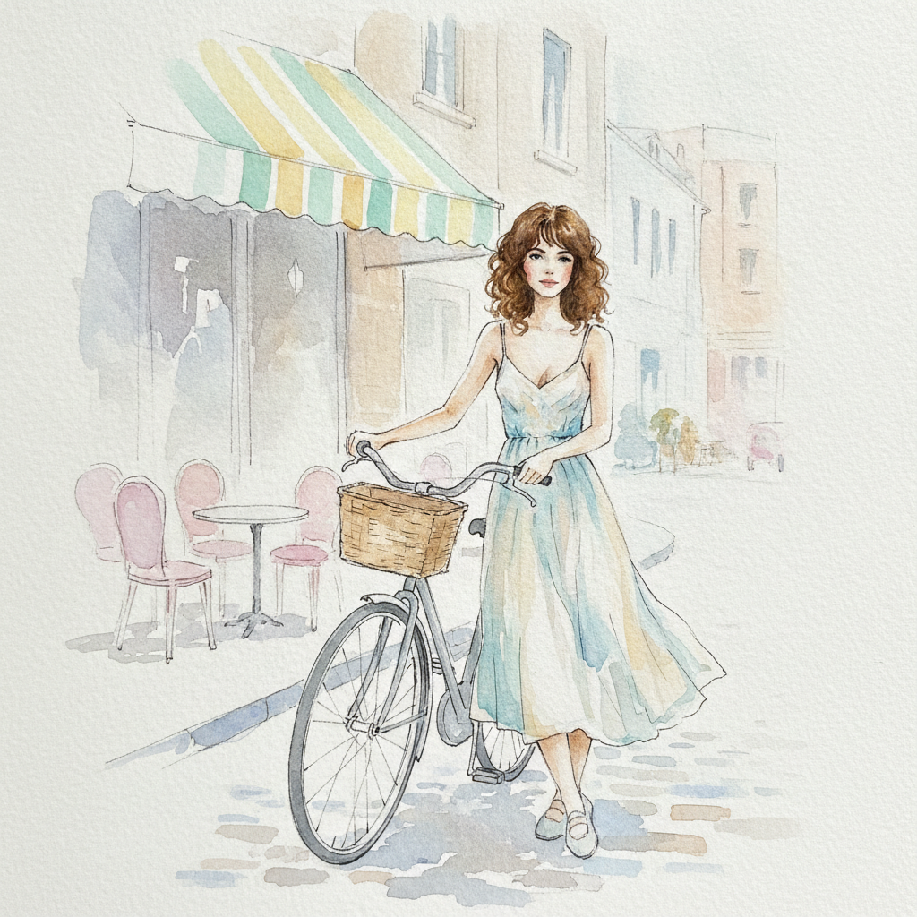 AI image style transfer example — the same street photo rendered as a loose watercolour with translucent washes on cold-press paper