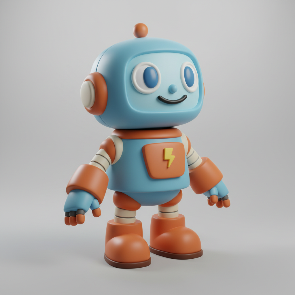 AI 3D modeling render of a cute cartoon robot character with clay shading