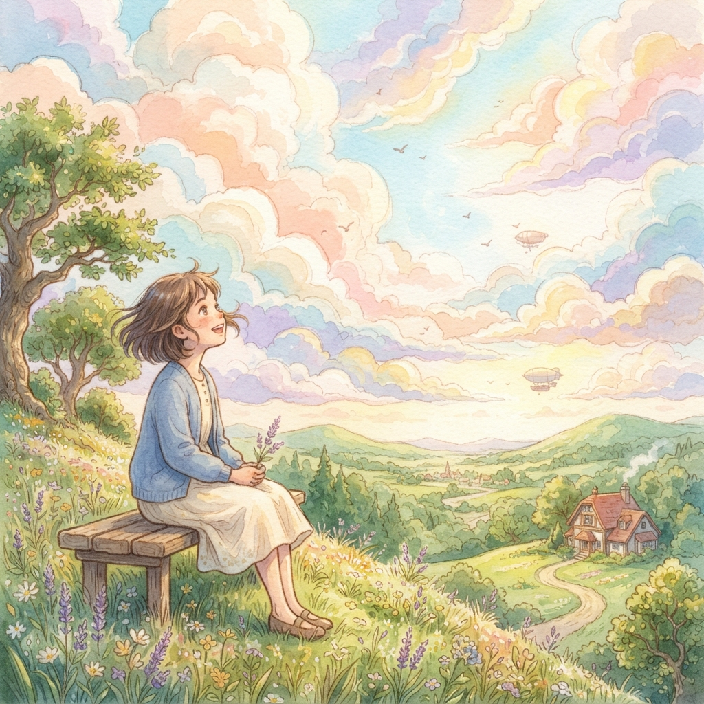 AI image to cartoon generator result — a photo turned into a soft Studio Ghibli style watercolor cartoon