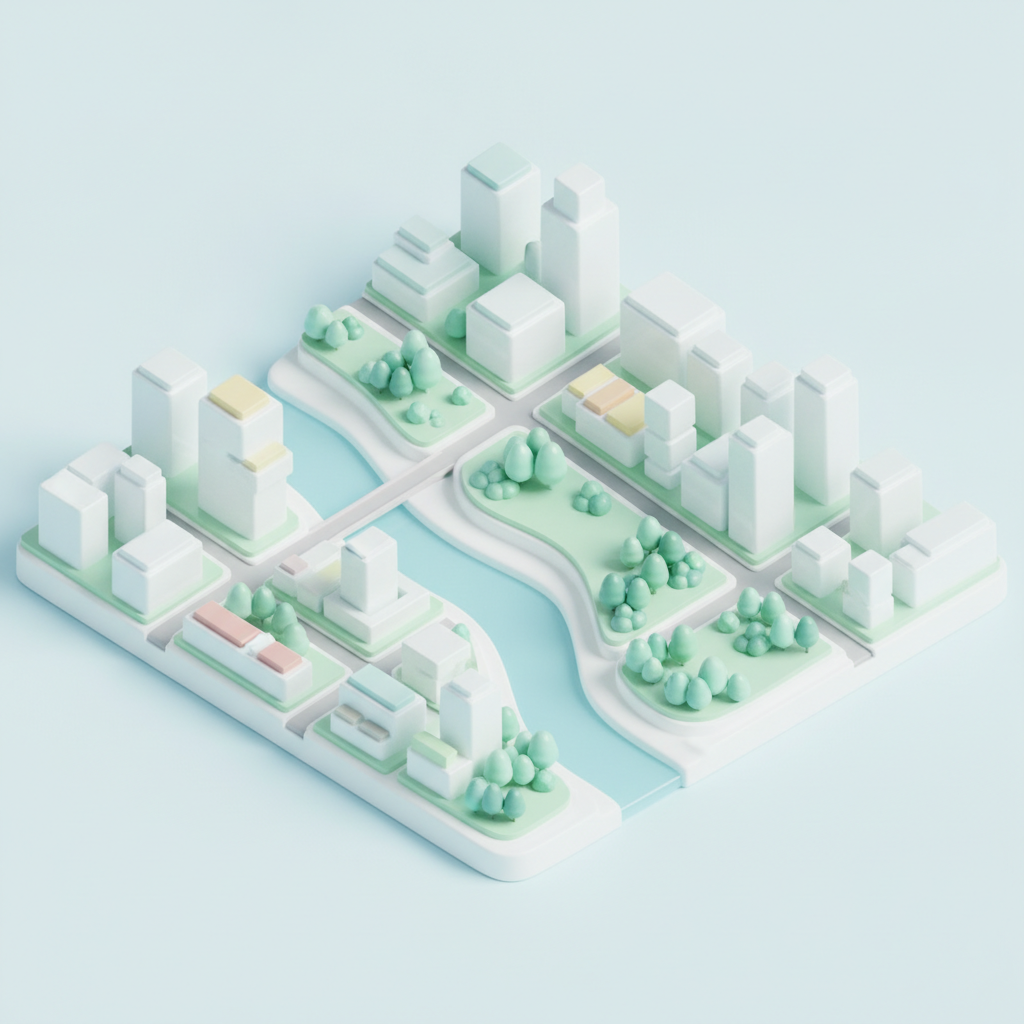 AI image to map tool output showing a top-down isometric 3D city district with white buildings, green parks, and a blue river winding through