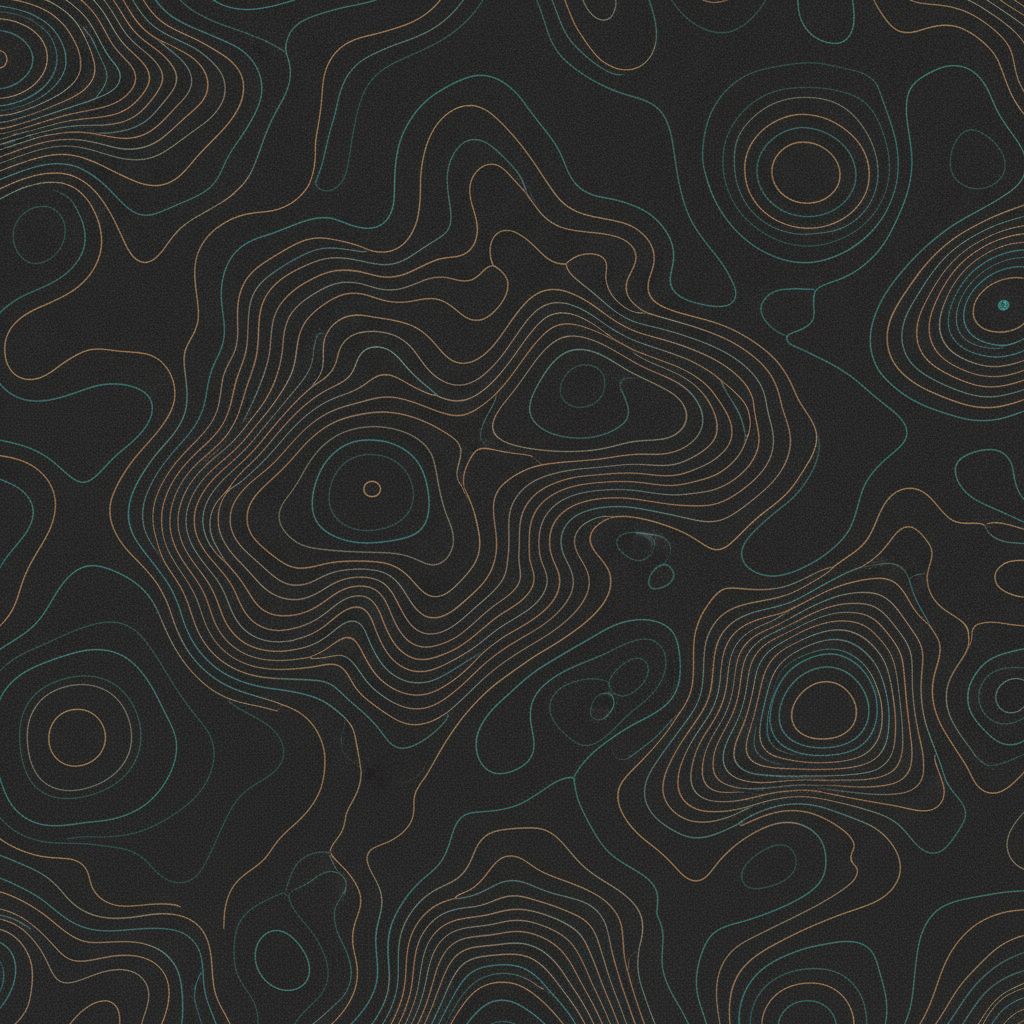 AI image to map tool output showing an abstract topographic contour map with amber and teal elevation lines on a dark charcoal background